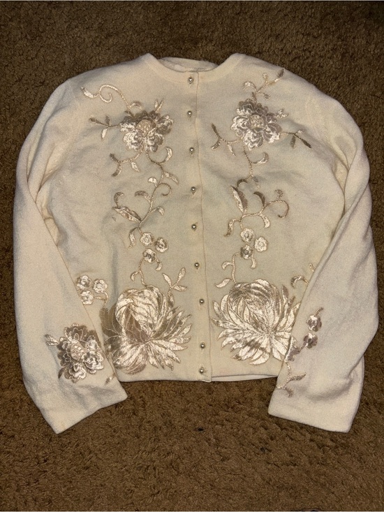 Helen Bond Carruthers Sweaters - Vtg 50s Helen Bond Carruthers Cashmere Embroidered Floral Cardigan Sweater Sz S